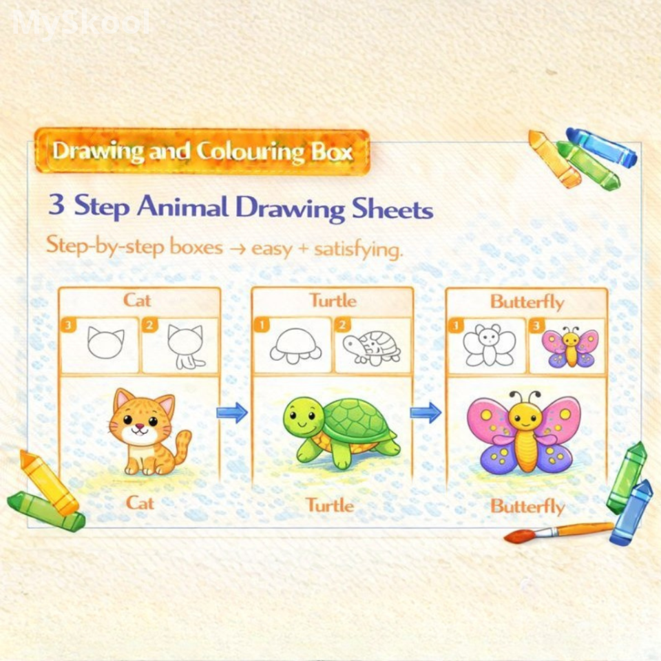 Drawing & Colouring -3-Step Animal Drawing Sheets
