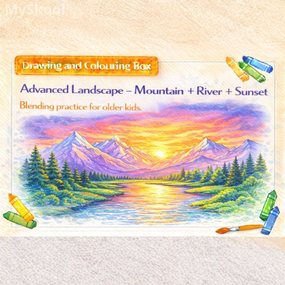 Drawing & Colouring -Advanced Landscape – Mountain + River + Sunset